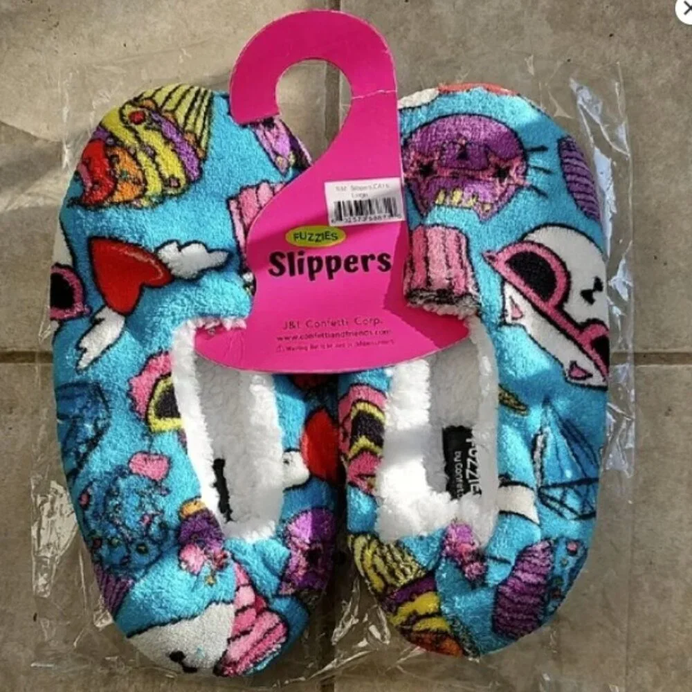 Kids Colorful Fuzzy Slippers With Cats, Size L